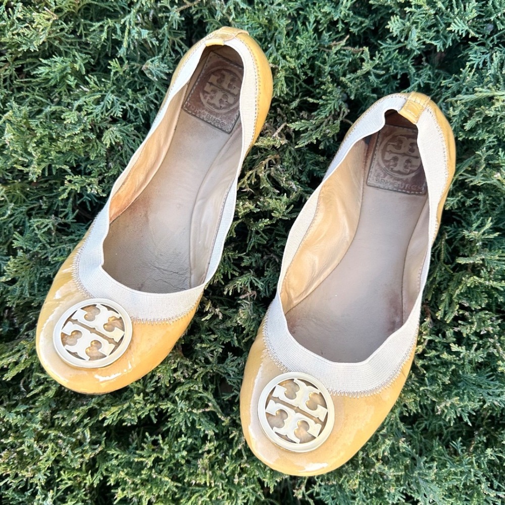 Tory Burch Women's Caroline Patent Leather Ballet Flats Size 7.5 Tan